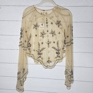 Free People Natural Love Her Embroidered Sheer Blouse Ivory Large NWT